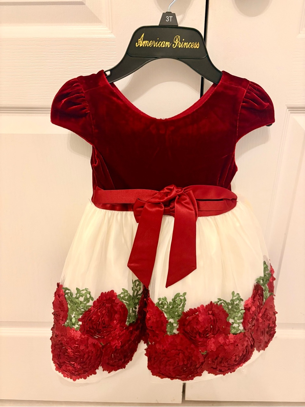 American Princess Burgundy Velvet & Ivory Dress with Red Floral Trim